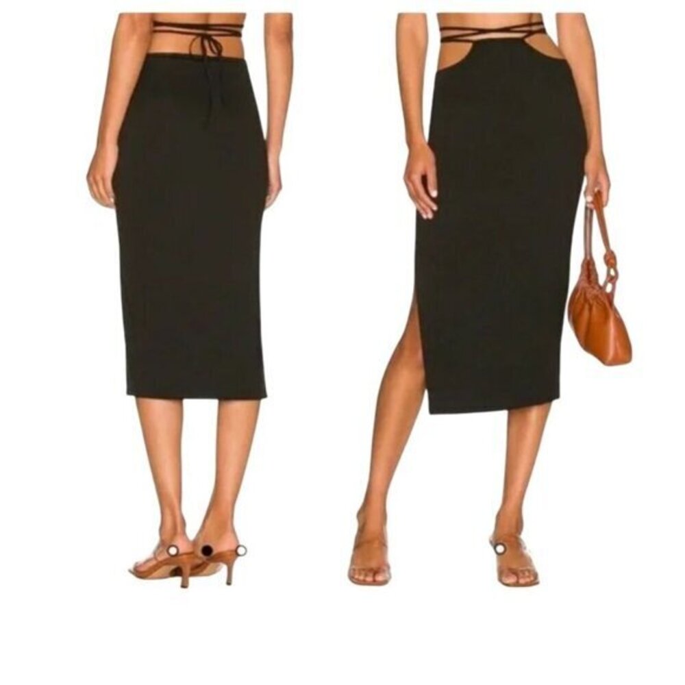 Cutout Midi Skirt Wrap Waist Tie Thigh-High Slit Stretch Black Jersey WeWoreWhat
